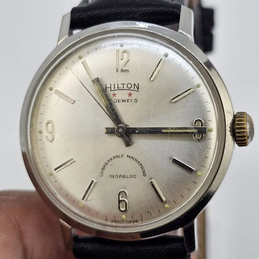 VTG Hilton Automatic Men's Watch 34MM‎ Gray Dial Swiss New Black Leather Bands - Picture 5 of 16